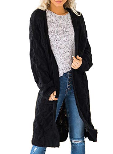 Sidefeel Women Open Front Long Sleeve Cable Knit Long Cardigan Sweater Coat 2XL Black