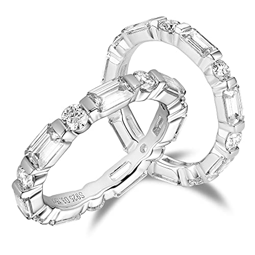 DovEggs 3.15CTW Emerald Baguette Round Cut Moissanite Engagement Ring Full Eternity Wedding Band - 3X5mm GHI Moissanite, Lab Created Diamond 14K Gold Quality Sterling Silver Wedding Rings