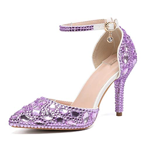 Minishion Womens Ankle Strap Wedding Shoes with Rhinestones Evening Formal Pumps