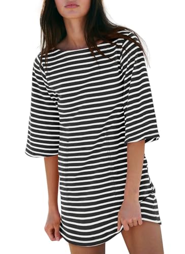 Image of Yousify Women's T Shirt Dress Cotton Summer Dresses 2026 Casual Loose Short Sleeve Striped Mini Dress with Pockets