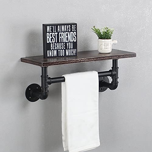 Industrial Pipe Shelf Bathroom Shelves Wall Mounted,19.6in Rustic Wood Shelf with Towel Bar,1 Tier Farmhouse Towel Rack Over Toilet,Pipe Shelving Floating Shelves Towel Holder,Retro Black