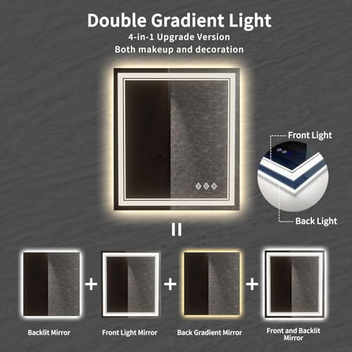 Image of Bathroom Mirror, 32x36 Inch Gradient Front and Backlit LED Mirror for Bathroom, 3 Colors Dimmable CRI>90 Double Lights, IP54 Enhanced Anti-Fog, Hanging Plates Wall Mount LED Mirror