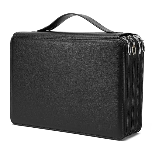 Image of YOUNGCOL 200 Slots Colored Pencil Case - Deluxe PU Leather Pencil Organizer Holder With Zipper Closure Large Pencil Box for Colored Pencils Watercolor Pencils (Black, 200 Slots)