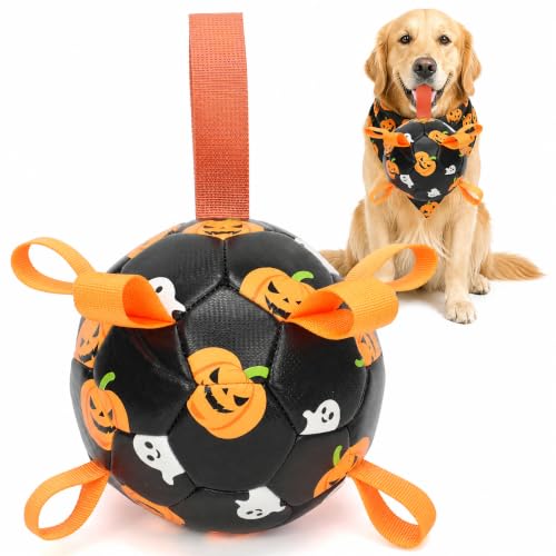 Image of Dog Toys Balls, Dog Soccer Ball with Straps, Dog Birthday Gifts, Durable Balls for Small Medium Pet, Puppy Outdoor Toy, Pet Training Soccer Ball, World Cup Soccer (7.25 Inch) (Ghost, Large)