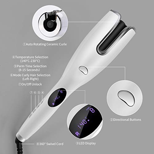 Automatic Curling Iron Wand Hair Curler Anti-Scald Hair Wand Curling Iron with LED Display Adjustable Temp &Timer Dual Voltage Auto Rotating Ceramic Hair Curler Fast Heating for Long Short Hair