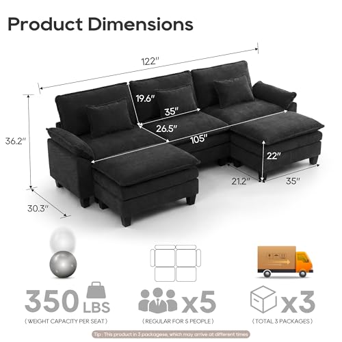 Image of URRED Oversized Modular Sectional Sofa,Solid Black:122 inch U Shaped