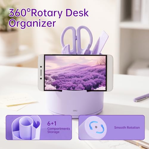 deli Purple Office Supplies, 14 in 1 Desk Accessories Set with 360° Rotary Desk Organizer & Phone Stand, Stapler Pencil Holder for Home, School, Office Supply Kit for Women Students - Image 5