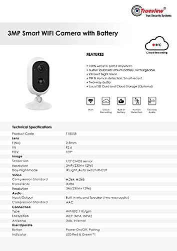 Image of Trueview 3 MP HDRI Video Smart WiFi Camera with Battery Backup & Cloud , 109 Angle , All TIME Color (Day & Night) Absolutely Different