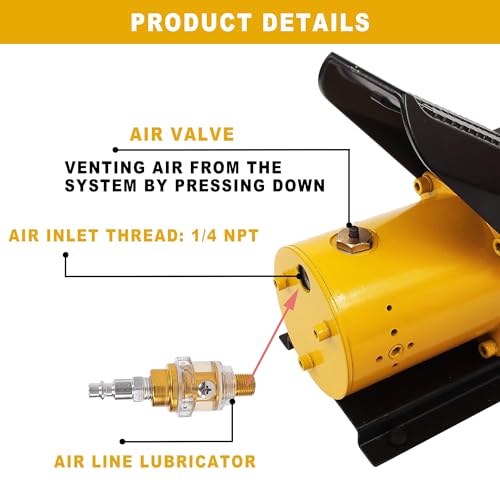 Image of Air Hydraulic Pump 10,000 PSI 0.45 Gal Reservoir NPT 3 /8 inch Oil Outlet, NPT 1 /4 inch Inlet, Hydraulic Pump Air Hydraulic Foot Pump Made of Aluminum with Air Line Lubricator, Yellow