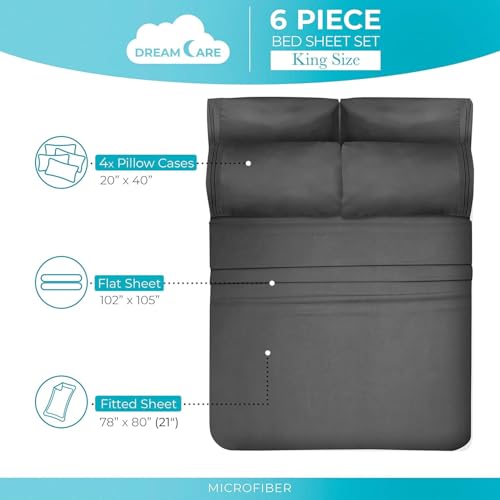 Image of DREAMCARE King Size Sheets Set - 6 pcs Breathable Cooling Sheets King Size | up to 15 inch Extra Deep Pocket King Sheet Set with Side Pockets - Extra Soft 100% Double Brushed Hotel Luxury Bedding -Dark Gray