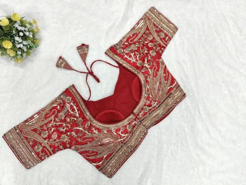 Image of Pujia Mills Women's Readymade Bridal Blouse Embroidery Copper Coding Glitter Sequence Thread Work Indian Ethnic Designer Stitched Half Sleeve Blouse Readymade for Women Saree Bridal Lehenga Choli