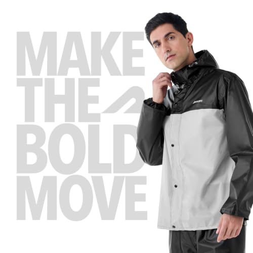 Image of Boldfit Rain Coat for Men Waterproof Raincoat Set for Women with Reflective Trim-Windproof Jacket & Pants Suit with Hood, Pockets & Breathable, Durable Fabric for Outdoor, Travel- Black Grey, XL-XXL