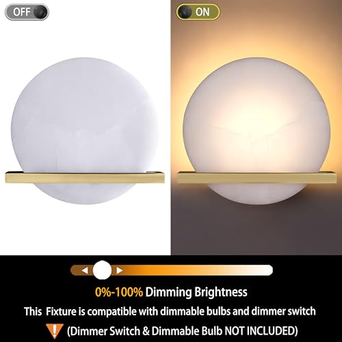Image of 2 Pack 1 Light 8 inch Round Natural Alabaster Bathroom Wall Sconce Modern Concise Style Wall Light Fixture,Brushed Bronze Finish for Bedroom Hallway Bedside Living Room