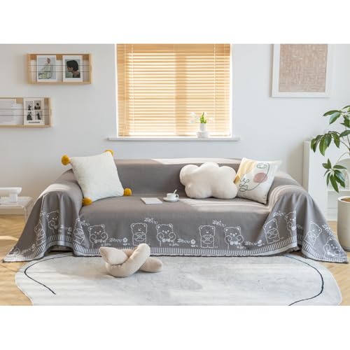 Manta para sofá de mezcla de algodón y lino, funda con patrón de oso grande para sofás de 3 plazas y esquinas, 180 x 280 cm, color amarillo, protector decorativo para sofá y manta acogedora