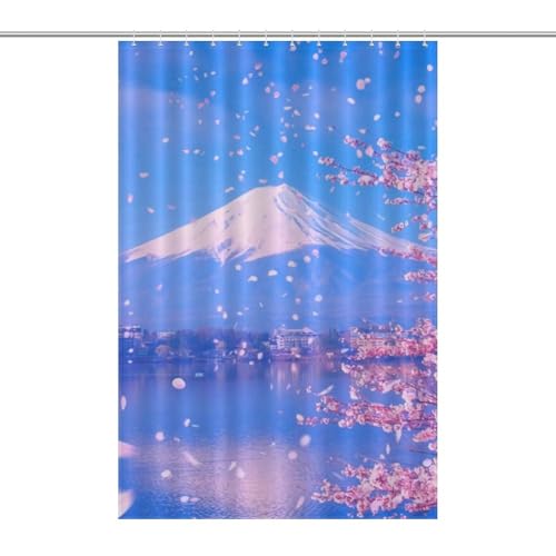 シャワーカーテン 180cm丈 桜 和風 イラスト 富士山 お風呂カーテン 48x72Inch(122x183cm) 高密度生地 耐久性 防水 清潔 バスカーテン 防寒 保温 ユニットバス リング付属 取付簡単 お風呂 取付簡単 目隠し 間仕切り プライバ