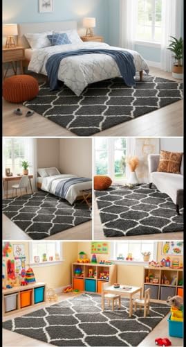 Image of Carpet for Hallway, Kitchen, and Modern InteriorsCarpetCozy Shag Runner for Living Room, Bedroom & Office Decor ETC Size 5x8 feet, Patten-Solid Grey M