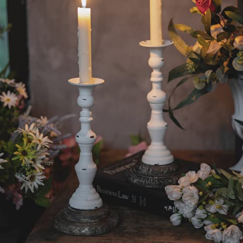Antique White Candlestick Holders For Pillar Candles,Unique Pillar Candlestick Holder In Distressed Finish For Living Room, Kitchen,Mantlepiece,Rustic Farmhouse,Table Centerpiece Decorations,Set Of 2 #TOP7