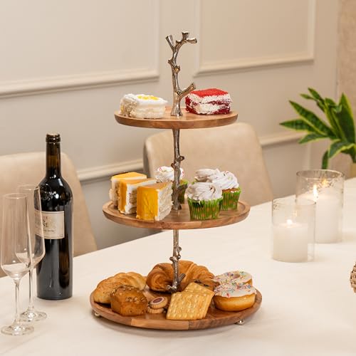 Image of Treat Tree Three-Tier Multipurpose Serveware - Acacia Wood with Iron Handle & Metal Base - Serving Stand for Snacks, Desserts & Table Display (13x13x21 inches)