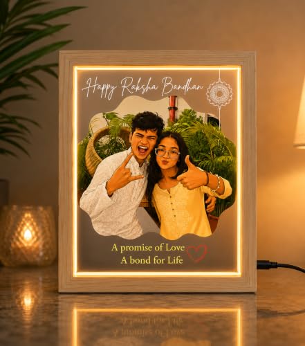 Image of Personalized Raksha Bandhan Acrylic LED Lamp with Custom Photo (Design 6) | Night Light, Brother Sister, Free Rakhi Included, Custom Photo