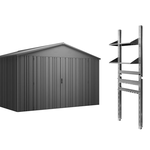 Hoggar – Caseta Jardín Exterior Pioneer Y130 – Estantería y Soportes Incluidos - Montaje Autoportante – Doble Puerta Reforzada – Cerradura – Columnas en V - Techo Robusto – 356x350x225cm - 12,46m2