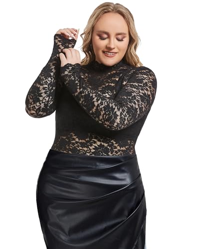 Women Vintage Fashion Mock Neck Semi Sheer Plus Size Long Sleeve Babydoll Lace Top Casual Clothing Floral Tight Shirt Trendy2