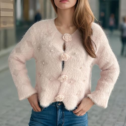 Women's Mohair Sweaters Fuzzy Mohair Cardigan Pearl Soft Chunky Button Down Fuzzy Sweater Trendy Casual Clothes4