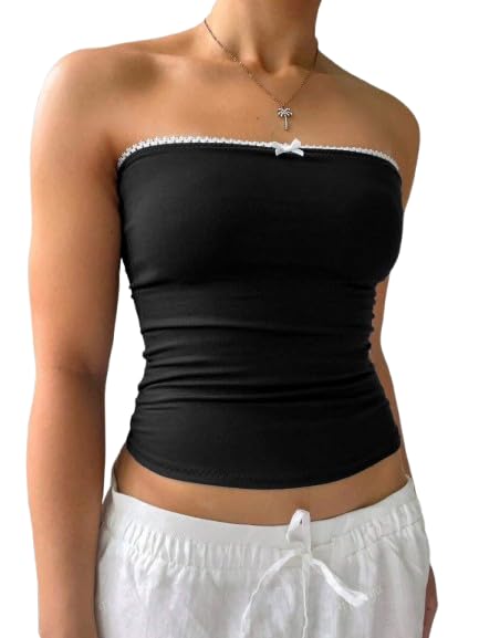 Solid Sleeveless Lace Trim Bow Front Tube Top for Women y2k Tops || Crop top for Women Stylish Western-image-25