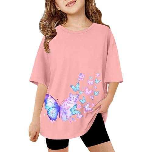 SoLu DAY8 Kids Short Sleeve Butterfly T Shirts Girls Age 3-13 Years Round Neck Summer Tshirts Teenage Girls Fashion Graphic Cute Cartoon Casual Jogging Athletic School Blouse Tops (8-9 Years, Y-Pink)