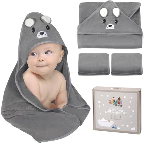 Image of Generic Joyful Babies 3 piece Large Hooded Baby Towel and washcloths Set, Breathable and absorbent, Soft to The touch, Hypoallergenic, Suitable for all Skin types, for babies and Toddlers, Gray