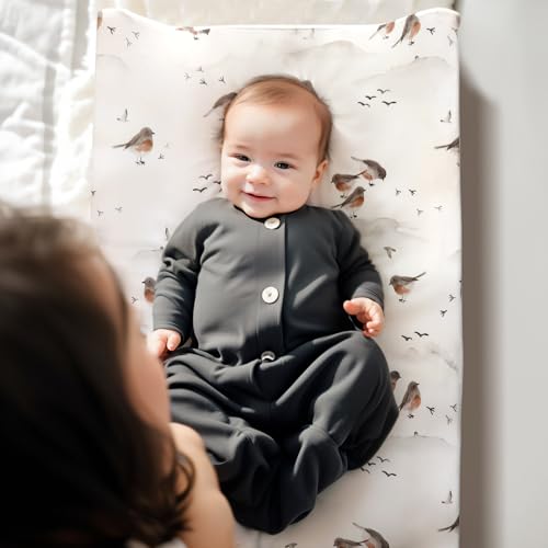 Image of GRSSDER Stretch Ultra Soft Jersey Knit Changing Pad Cover Set 2 Pack, Change Table Pad Covers Fit 32 inch /34 inch x 16 inch Pads Safe and Snug, Cute Watercolor Cows and Birds Print for Boys and Girls