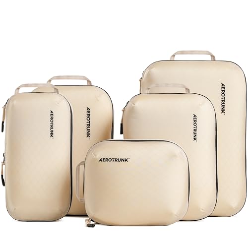 Ultralight Compression Packing Cubes – Lightweight Travel Organizers for Suitcases and Luggage (6-Pack, Beige)