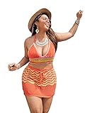 MakeMeChic Women's Plus Size Crochet Swimsuit Cover Up 2 Piece Striped Halter Knit Bikini Cover Up Top with Skirt Set Orange 0XL