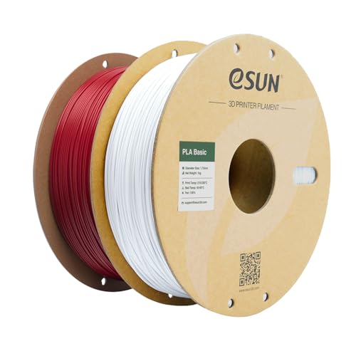 Image of eSUN PLA Basic Filament 1.75mm, 3D Printer Filament High Speed PLA for Fast Printing, 1KG Spool, 2 Spools 3D Printer Filament, Fire Engine Red + Cold White