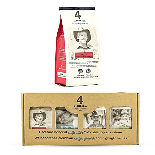 4 Elementos Gift Box - 4 Varieties Of Colombian Artisan Coffee 4.4 Oz Each Pack + 1 Bag Of Amor Coffee 35.2 Oz - Whole Bean - Medium Roast - 100% Arabica Excelso Coffee For Espresso & French Press #TOP1