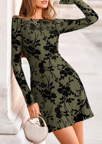 Image of PRETTYGARDEN Women's Fall Floral Long Sleeve Mini Dress | Printed Sheer Mesh, Bell Sleeve Boat Neck, Bodycon Short Dresses, Party Date Night, Cute Casual Outfits, Fashion Clothing