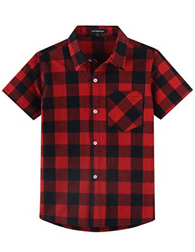 Spring&Gege Chemise à manches courtes à carreaux pour garçons, chemise décontractée pour enfants, rouge/noir, 13-14 ans