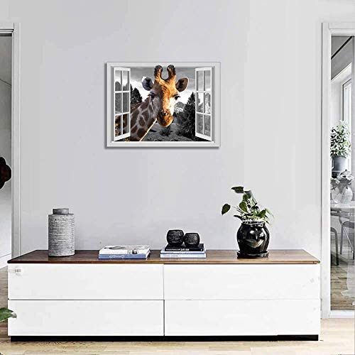 Giraffe Canvas Wall Art For Office Guest Room Wall Decor With Frame Animal Head From Open Window Bathroom Wall Decoration Prints Painting Grey Window View Landscape Wall Picture 12X16Inch #TOP3