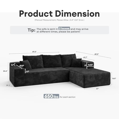 Image of HOOOWOOO Sectional L Shaped Couch,106 inch Assembly Free Modern Minimalist Sofa,Extra Deep Large Sofa Set,Corner Couch in A Box for Living Room(Right Chaise Black Velvet Uphosted)
