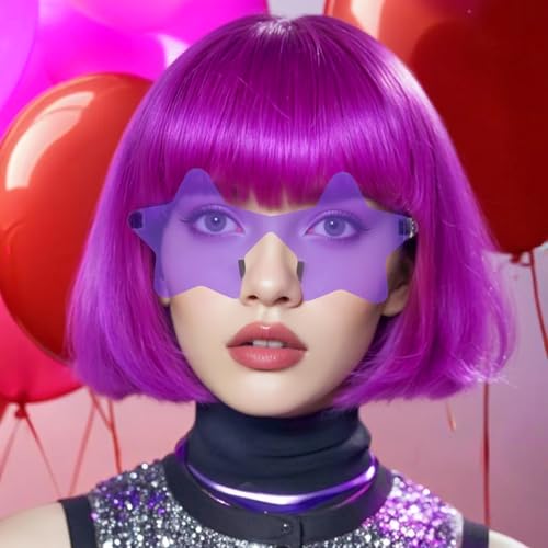 Image of ANOGOL Dark Purple Bob Wig with Bangs Purple Wigs for Women Colored Wigs | Hair Cap+Sunglasses Short Neon Wig for Bachelorette Party Funny Outfit for Women Halloween Costume Night Club Crazy Hair Day