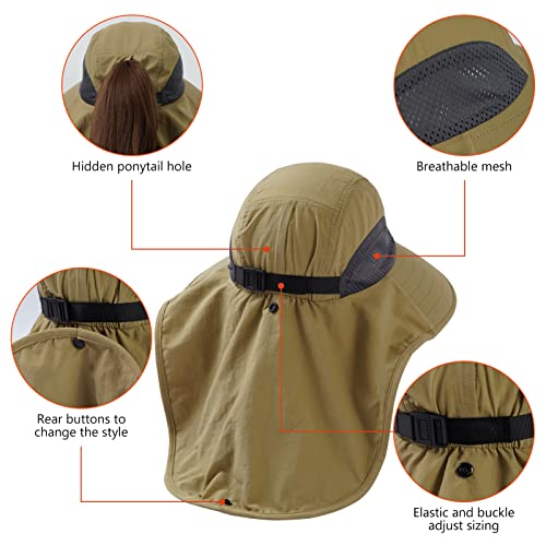 Image of BASSDASH UPF 50+ Unisex Water Resistant Wide Brim Sun Hat with Large Neck Flap Ponytail Fishing Hat for Men Women
