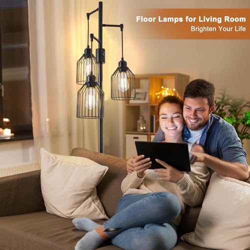 Dimmable Industrial Floor Lamp with 3 Cage Heads, 68.5" Black Tree Standing Lamp with Stepless Dimming, Modern Farmhouse Tall Pole Light for Living Room, Bedroom, Office, E26 Base (Bulbs Included) by A1A9 - Used condition - Image 4