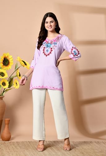 Image of LIBOZA Embroidered Kashmiri Tunic Top, Short Kurti for Women on Jeans, V-Neck, 3 /4 Sleeve, Floral Design,