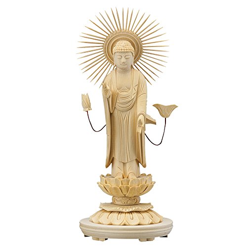 仏壇屋 滝田商店 仏像 大佛師「帆刈黌童(ほかりこうどう)」監修 東阿弥陀如来 (真宗大谷派) 白木製 3.5寸 丸台座(高さ20.8cm×巾10.2cm)◆仏壇用のご本尊仏像、木彫り【滝田商店発行 証明書付】