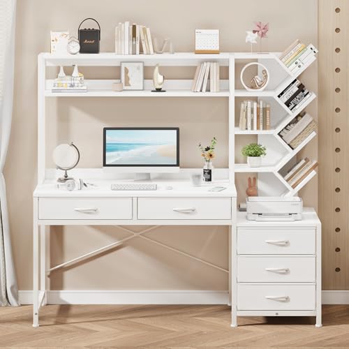 YOMILUVE Reversible Computer Desk with Hutch Home Office Desk with 5 Drawers and Bookshelf 52 Study Writing Desk with Storage Shelves for Bedroom Home Office White