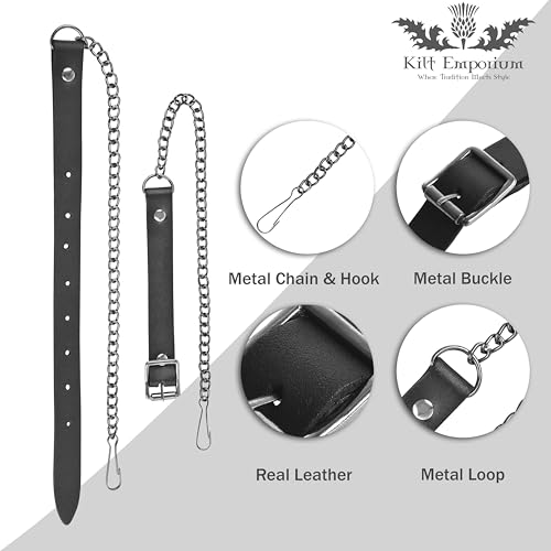 Adjustable Leather Sporran Belt with Metal Chain - Durable Scottish Kilt Accessory, Chrome/Antique Finish2