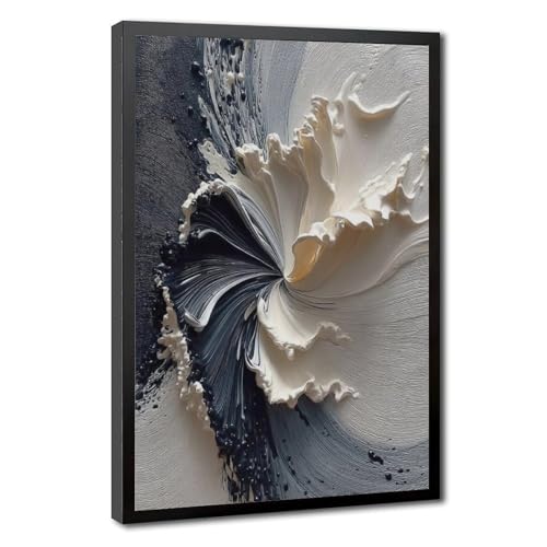 3D Textured Abstract Wall Art, Black and White Modern Canvas Print Picture, Impasto Swirl Poster for Home Living Bedroom Office Decor, Modern Black Framed Ready to Hang - 20' x 30'