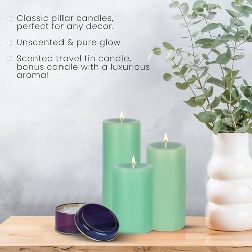 Image of D'Velas Pack of 3 Unscented Green Pillar Candles | Burn Time 50 /65 /80 Hours | Bonus 3oz Scented Travel Tin | Long-Lasting Paraffin Wax Candles for Home Decor, Festive Use & Events