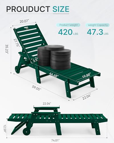 Image of Patio Chaise Lounge Chair Set of 4, Oversize Lounge Chairs with Wood Texture& Rolling Wheels, HDPE 5-Position Plastic Lounge Chairs for Poolside, Patio, Deck, Beach,Green
