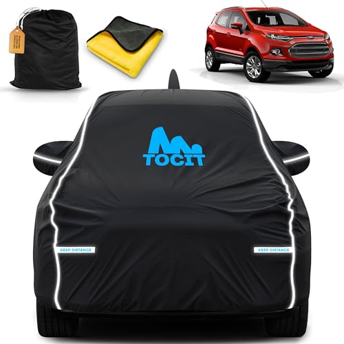 Image of Ecosport Waterproof Long Life Car Cover with Safety Glow Reflective Strap, Premium Stretchable Velvet Velour Fabric, Machine Washable, Tri-Stitch Custom Fit with Mirror & Antenna Pocket