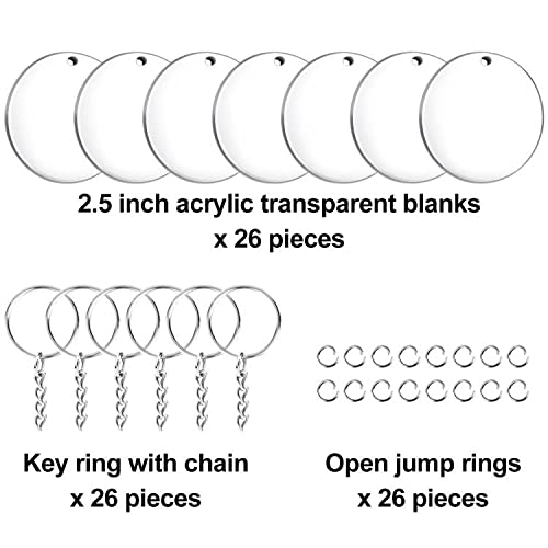Duufin 78 Pieces Acrylic Keychain Blanks Set 2.5 Inch Acrylic Circle Ornaments Blanks Clear Round Acrylic Circle Disc Acrylic Ornament Blanks with Key Chain Rings for DIY Projects and Crafts
